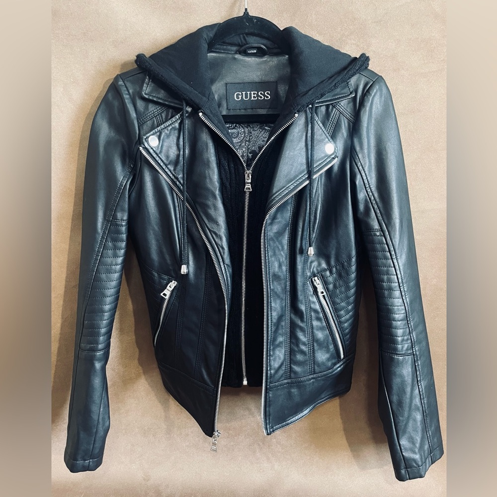 💕GUESS💕 Faux Leather Hooded Moto Jacket Scuba ~ Black SM